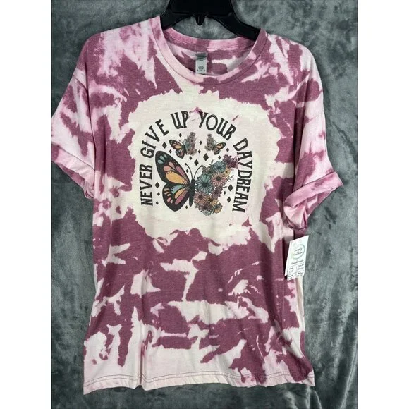 Women’s T-Shirt “Never Give Up On Your Day Dream” Tye Dye Butterflies & Flowers - Picture 6 of 14